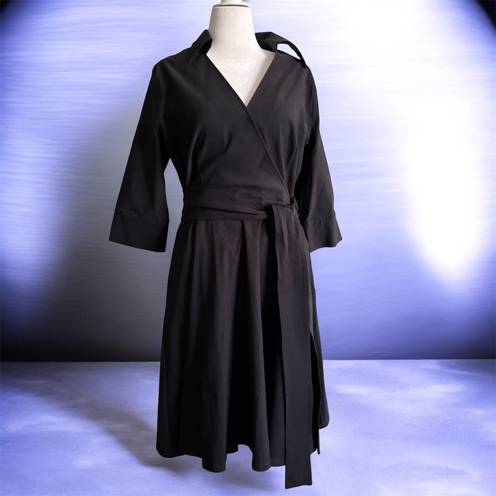 Flattering, faux wrap, black dress with collar and fabric tie, NWT XXL